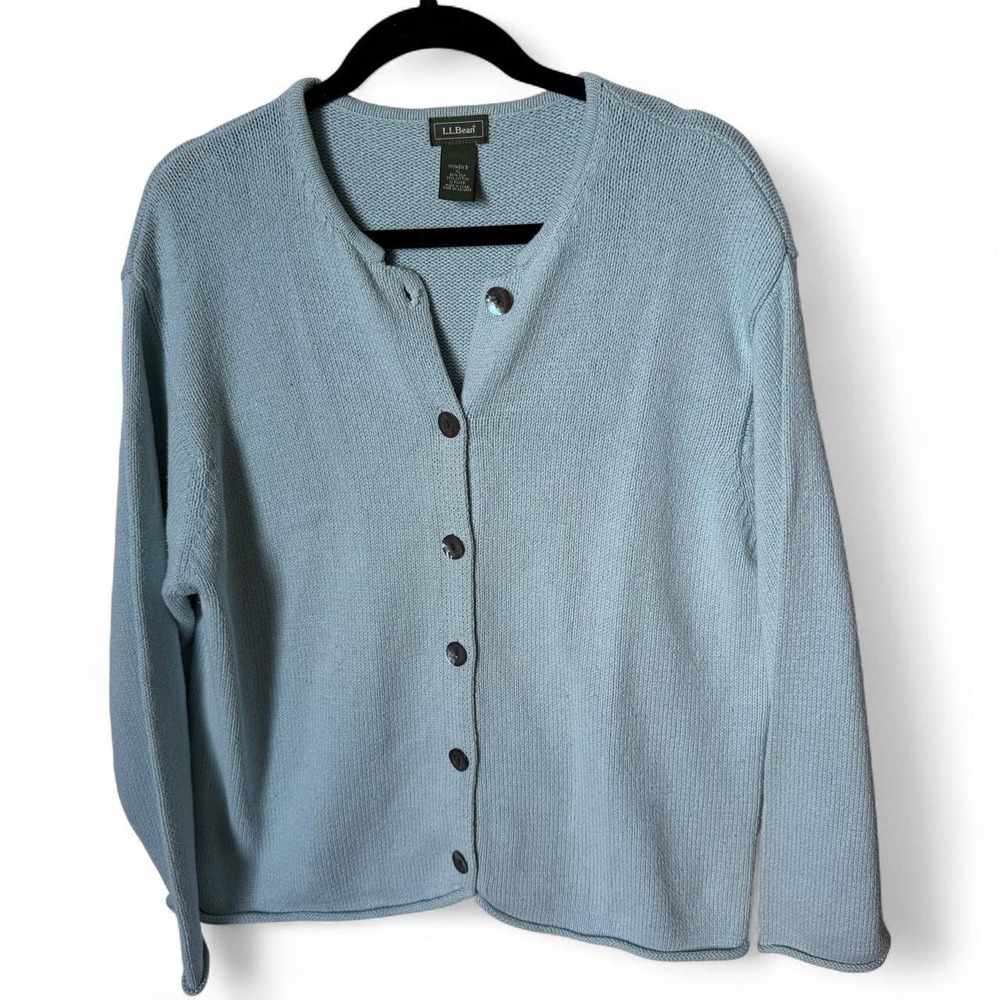 L.L.Bean light blue silk cotton cardigan with button-up front, size XL